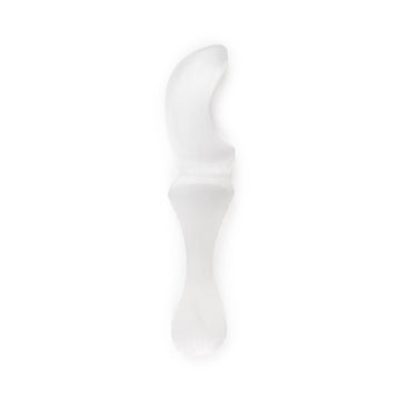 Selenite Moon Wand carved from natural crystal in crescent design, displayed on white background.